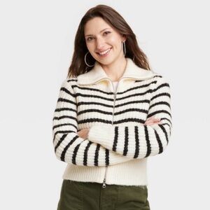 Universal Thread Women’s Zipper Collared Striped Cardigan Sweater, Cream Medium